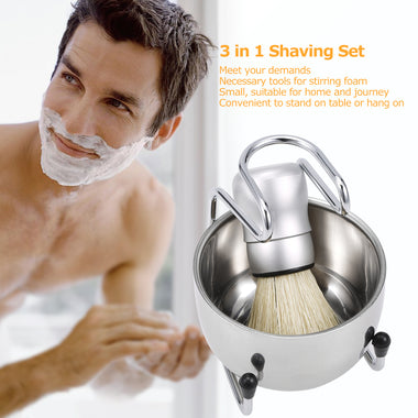 Men's  3 in 1 Polished Shaving Brush Soap Bowl Stand